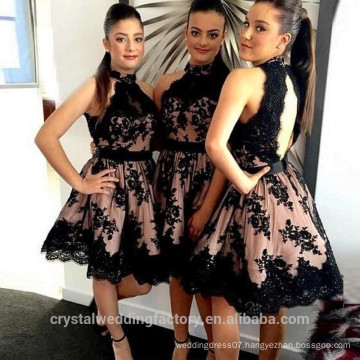 2017 New High Nek Black Lace Bridesmaid Dresses Open Back Short Lace Bridesmaid Dress Knee Length Party Gowns MC2588